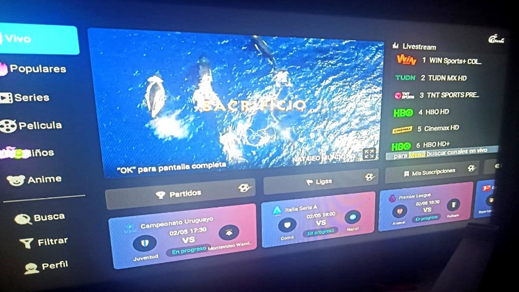 Interfaz de Oleada TV - Canales en Vivo